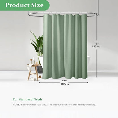 Waffle Shower Curtain 256 GSM Heavy Duty Fabric 72"x72" Sage Green | Thick Textured Cloth, Weighted Hem, Water Repellent Washable, Hotel Luxury Polyester Shower Curtain Set for Bathroom 12 Hooks