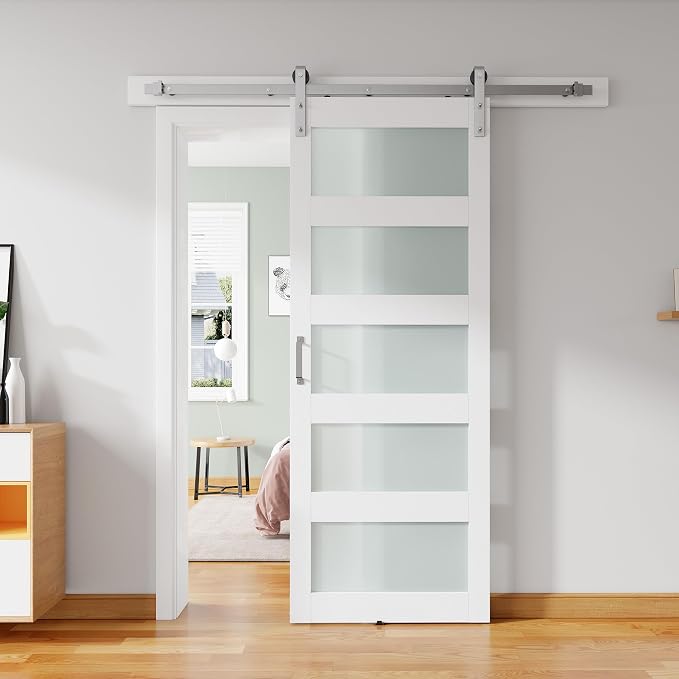 34'' x 84'' Glass Barn Door and 6FT Brushed Nickel Hardware Kit | MDF White Barn Door Slab with Frosted Glass, PVC Surface, Combined with Handle and Floor Guide-Assembly Required
