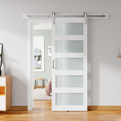 34'' x 84'' Glass Barn Door and 6FT Brushed Nickel Hardware Kit | MDF White Barn Door Slab with Frosted Glass, PVC Surface, Combined with Handle and Floor Guide-Assembly Required