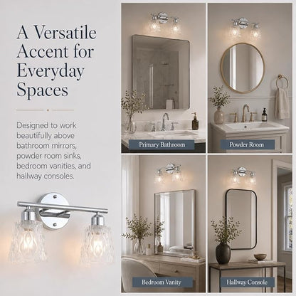 Chrome 2 Light Bathroom Vanity Lights with Textured Glass Shades, E26 Sockets, Bathroom Light Fixtures Over Mirror, Modern Lighting Fixtures Wall Lamp Vanity Lights