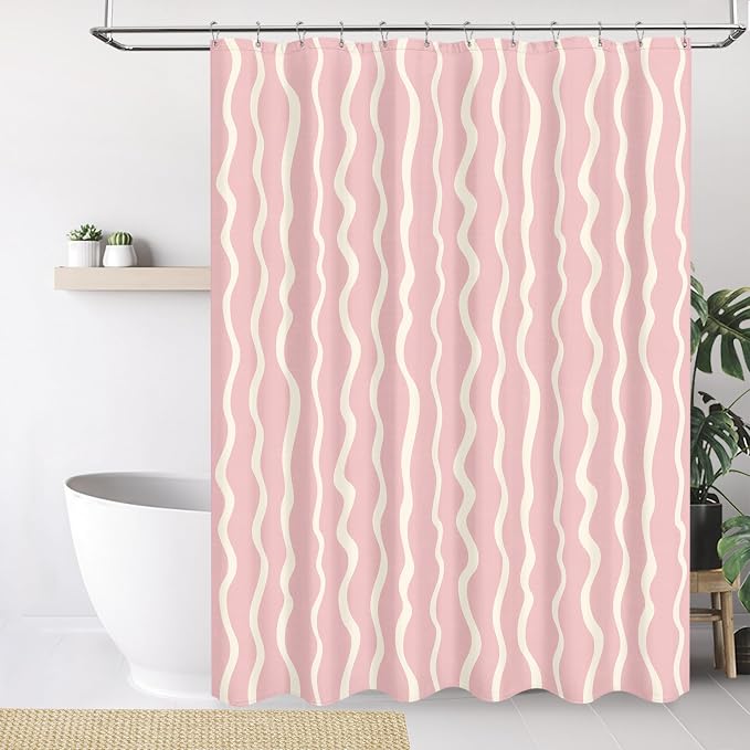 Tititex Cute Curvy Wavy Lines 140gsm Faux Linen Fabric Shower Curtain, Elegant Beige Pink Wave Striped Shower Curtain Sets Decoration 72x72 Inch with Hooks
