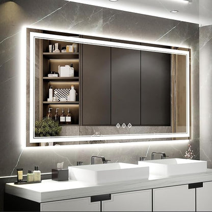 LED Bathroom Mirror with Lights, 72x36 Inch Gradient Front and Backlight LED Mirror, 3 Colors Dimmable CRI>90 Double Light, IP54 Enhanced Anti-Fog, Hanging Plates Wall Mount Bathroom Mirror