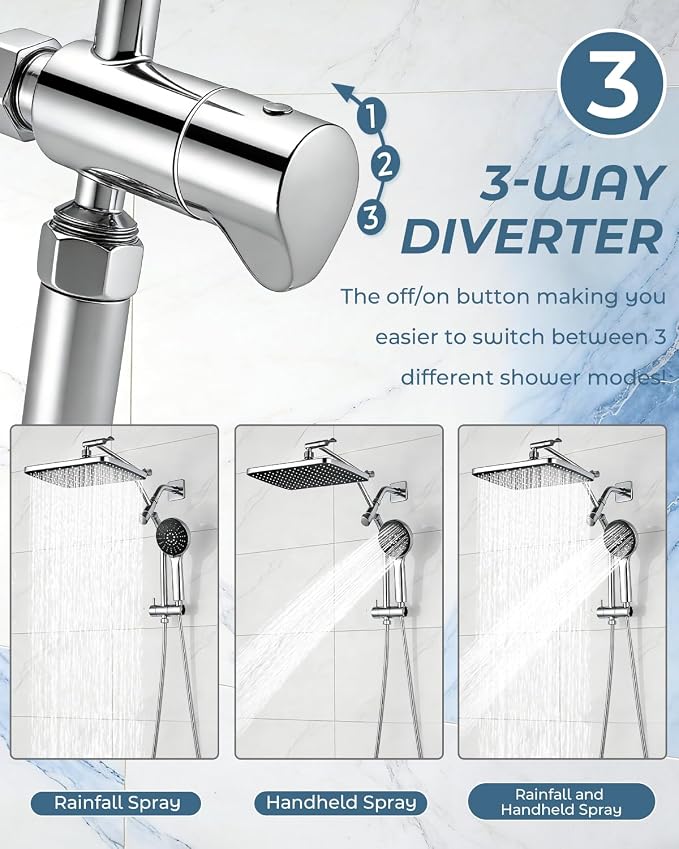 Shower Head with Handheld,High Pressure Chrome Slide Bar ShowerHead | Regaderas Para Shower,11.8" Rectangular,Rain Shower Head,Dual Shower Head,Bathroom Decor,Extension Arm,5 Spray Mode