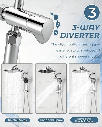 Shower Head with Handheld,High Pressure Chrome Slide Bar ShowerHead | Regaderas Para Shower,11.8" Rectangular,Rain Shower Head,Dual Shower Head,Bathroom Decor,Extension Arm,5 Spray Mode
