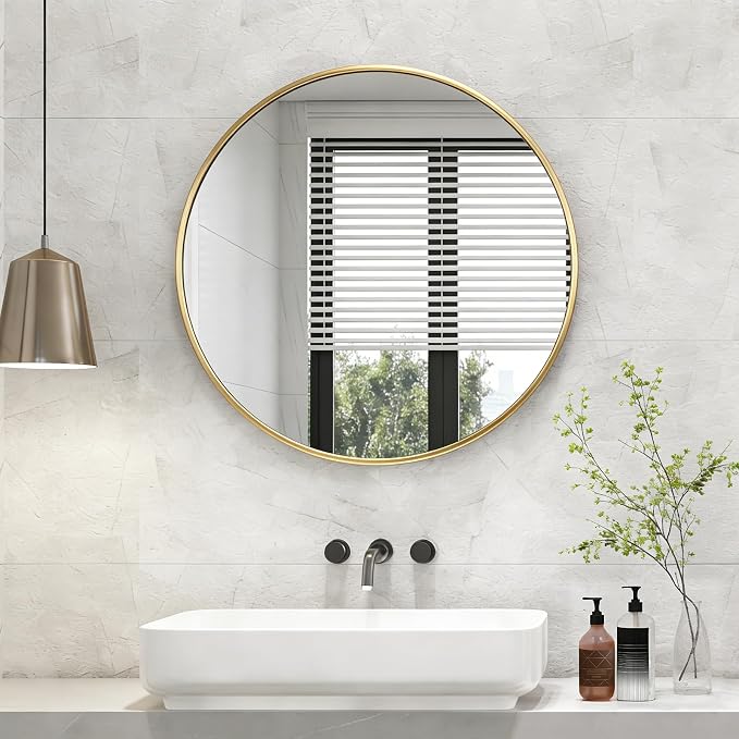 DUMOS 36 Inch Round Wall Mirror, Bathroom Mirror, Gold | Metal Frame, Tempered Glass & Anti Rust Metal Frame, Decor for Bathroom Vanity Bedroom Entryway