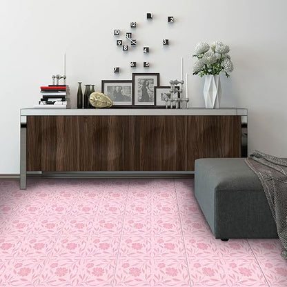Pink Sparkle Floral Peel and Stick Floor Tiles 12x12 Inch 10PCS | Pink floral pattern with a printed sparkle look vinyl floor stickers for kitchen bathroom entryway and indoor home decor
