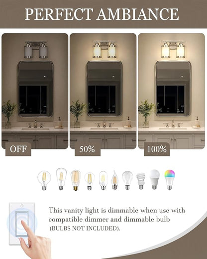 2-Light Brushed Nickel Bathroom Light Fixtures with Milk White Frosted Glass, 13.2" UL-Listed Modern Wall Sconce Over Mirror with Metal Cage for Bath, Hardwire E26, OS-3014BNW-2W