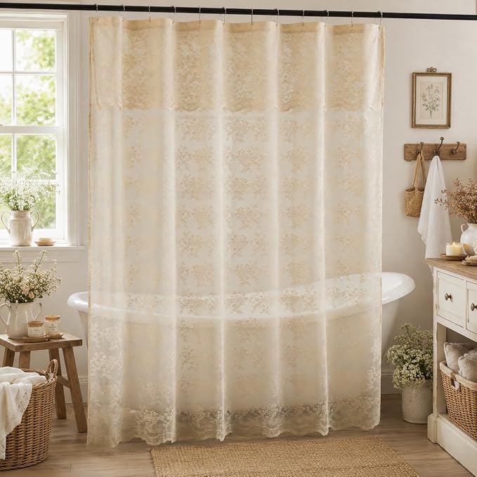 TUDECO Beige Lace Shower Curtain with Attached Valance, 72 x 72 Inch | Antique Vintage, Floral Pattern, Tan Bathroom Curtain, Scalloped Edges, Light Filtering, Soft Privacy, Reinforced Holes