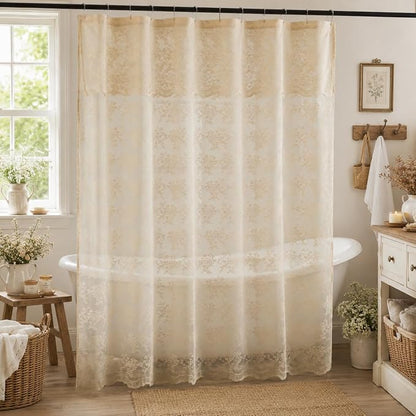 TUDECO Beige Lace Shower Curtain with Attached Valance, 72 x 72 Inch | Antique Vintage, Floral Pattern, Tan Bathroom Curtain, Scalloped Edges, Light Filtering, Soft Privacy, Reinforced Holes