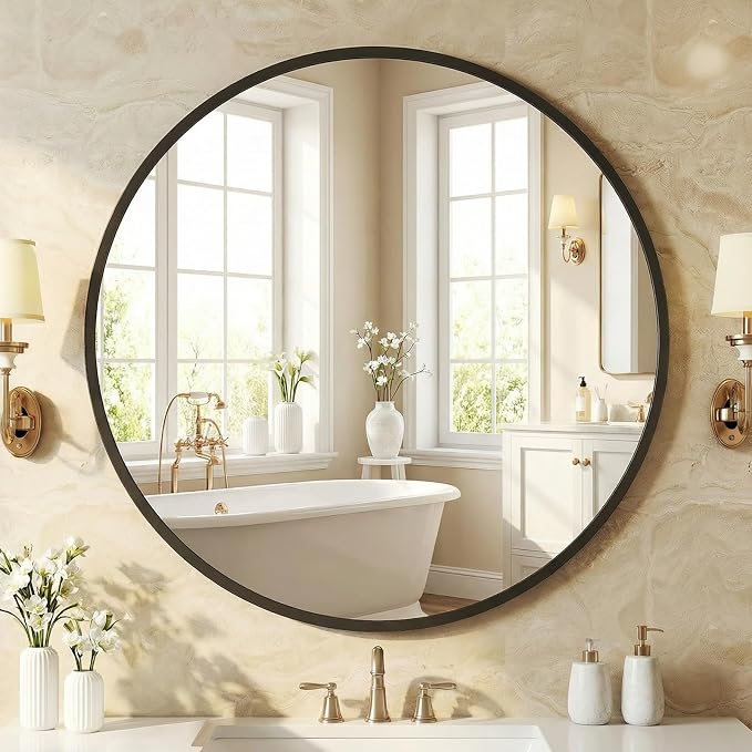 NEWBULIG 30 Inch Round Wall Mirror, Bathroom Mirrors for Over Sink | Metal Framed Circle Vanity Mirror, Wall Decor for Bedroom, Entryway, Anti-Rust, Tempered Glass, Hanging or Leaning, Black