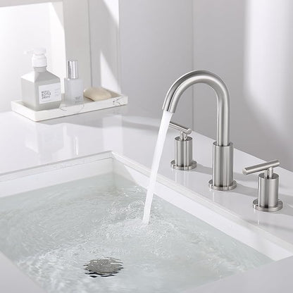 Widespread Bathroom Faucet with Sink Drain and Supply Hose, Brushed Nickel 3 Hole Faucet for Bathroom Sink, ChiLDano Satin Nickel 2 Handle Bathroom Faucet CH2183BN