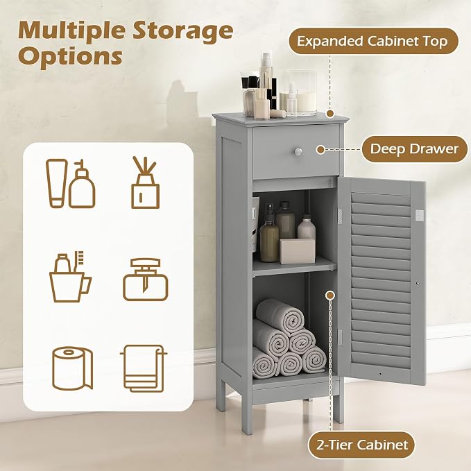 GIANTEX Bathroom Floor Storage Cabinet with Door and Drawer, Grey | Freestanding Side Cabinet with 3-Height Adjustable Shelf, Slim Cupboard, Storage Organizer Cabinet for Bedroom Living Room