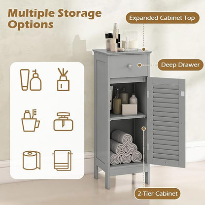 GIANTEX Bathroom Floor Storage Cabinet with Door and Drawer, Grey | Freestanding Side Cabinet with 3-Height Adjustable Shelf, Slim Cupboard, Storage Organizer Cabinet for Bedroom Living Room