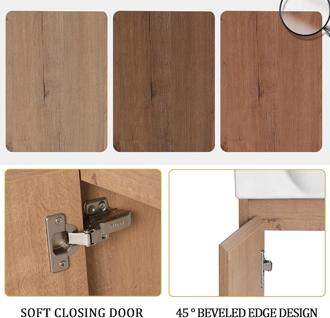 24" Bathroom Vanity with Ceramic Sink, Farmhouse Cabinet, Natural | Curved Sink Ceramic, Soft-Close Door, Interior Compartment and 2-Tier Open Side Shelves, 45° Inclined Edge Handle