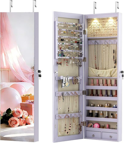 NAFORT 2 LEDs Full Length Mirror with Jewelry Armoire, Jewelry Organizers and Storage with 2 Mounting Options, 47.5”H Jewelry Cabinet with 2 Drawers, Make up & Lockable Jewelry Box, Purple