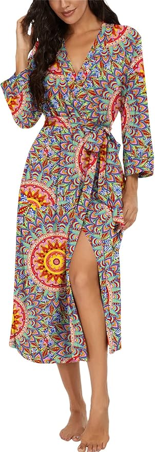 VINTATRE Women Kimono Robes Long Knit Bathrobe Lightweight Soft Knit Sleepwear V-neck Casual Ladies Loungewear
