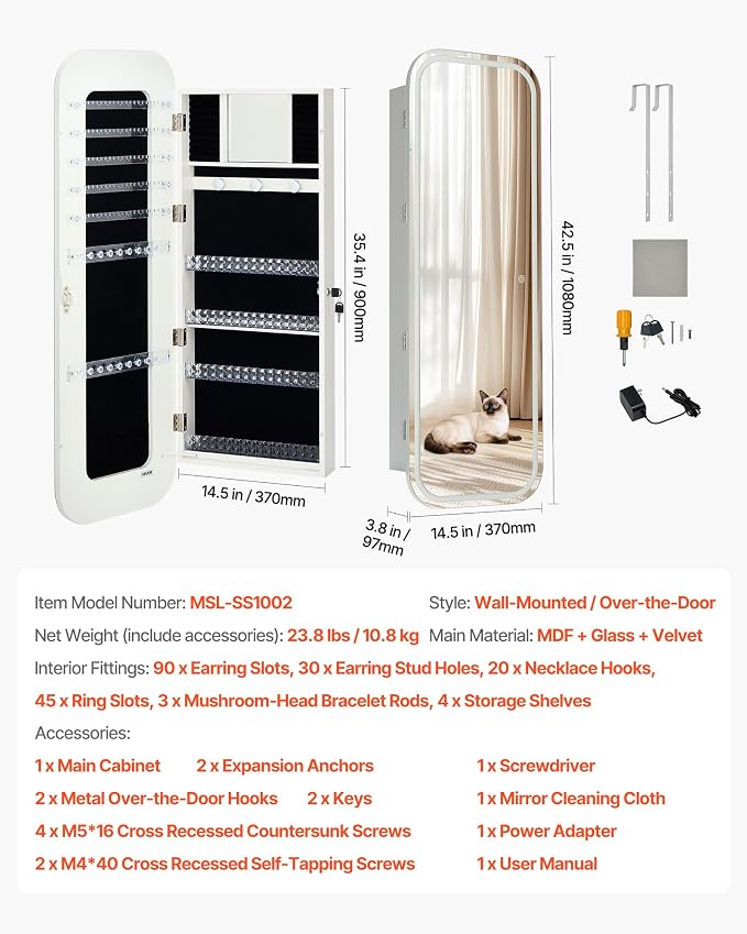 VEVOR LED Mirror Jewelry Cabinet, 42.5-inch Tall, Full-Length Mirror with Storage, Wall Mount/Over the Door Jewelry Armoire Organizer with Lights, Rounded Design, Lockable Door with 2 Keys, White