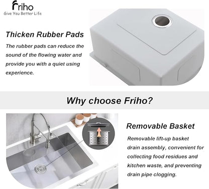 Friho 33x22 Inch Drop In Kitchen Sink, Top Mount Silver SUS304 Stainless Steel Single Bowl, 18 Gauge Handmade Sink with Basket Strainer