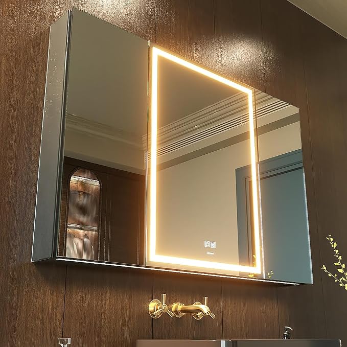 40*28 inch Three-door Aluminum LED Lighted Bathroom Medicine Mirror Cabinet | Light Adjustable, Sockets & USBs inside, Anti-Fog, Easy to Install