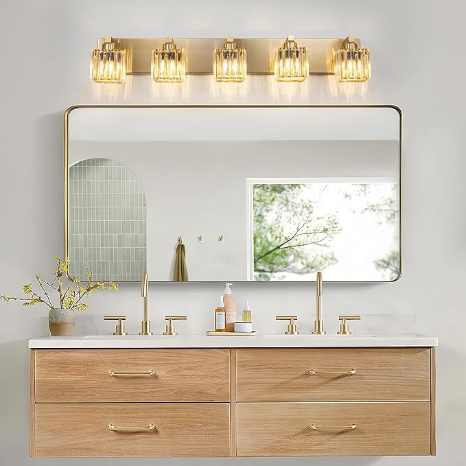 Gold Crystal Bathroom Vanity Lights, 5 Lights Bathroom Lighting Fixtures Over Mirror Modern Gold Crystal Wall Light with Square Shade