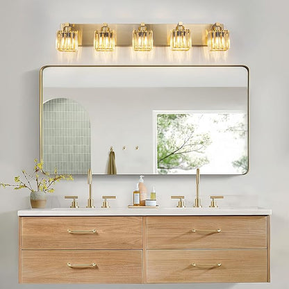 Gold Crystal Bathroom Vanity Lights, 5 Lights Bathroom Lighting Fixtures Over Mirror Modern Gold Crystal Wall Light with Square Shade