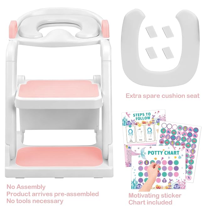 Potty Training Seat with Step Stool Ladder for Kids Girls, Pink | Pre-assembled, 2-in-1, Toddler Toilet Seat, Anti-Slip Foldable Steps, Splash Guard, Adjustable, Potty Ladder for Toddler 1-3