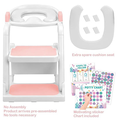Potty Training Seat with Step Stool Ladder for Kids Girls, Pink | Pre-assembled, 2-in-1, Toddler Toilet Seat, Anti-Slip Foldable Steps, Splash Guard, Adjustable, Potty Ladder for Toddler 1-3