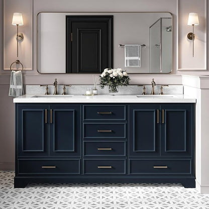 Langford 72-inch Midnight Blue Bathroom Vanity with Left & Right Rectangle Double Sinks, Italian Carrara Marble Countertop & Backsplash, Solid Wood Frame, Soft-Closing & Dovetail Drawers