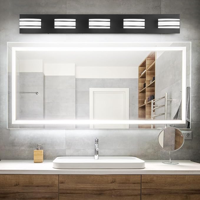 GOODATE 3 Color Temperature Dimmable Bathroom Light Fixtures Over Mirror, LED Black 5 Light Vanity Lighting Fixtures, Acrylic Stainless Steel Oval Shade Vanity Lights for Bathroom, ETL Certificated