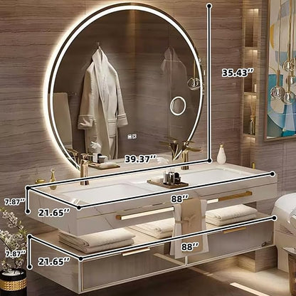 88 Inch Luxury Bathroom Vanity, Floating Bathroom Vanity with Sink and LED Round Smart Defogger Mirror, Multilayer solid wood Spacious Storage Drawer Include Faucet and Drain Fittings,Double Sink