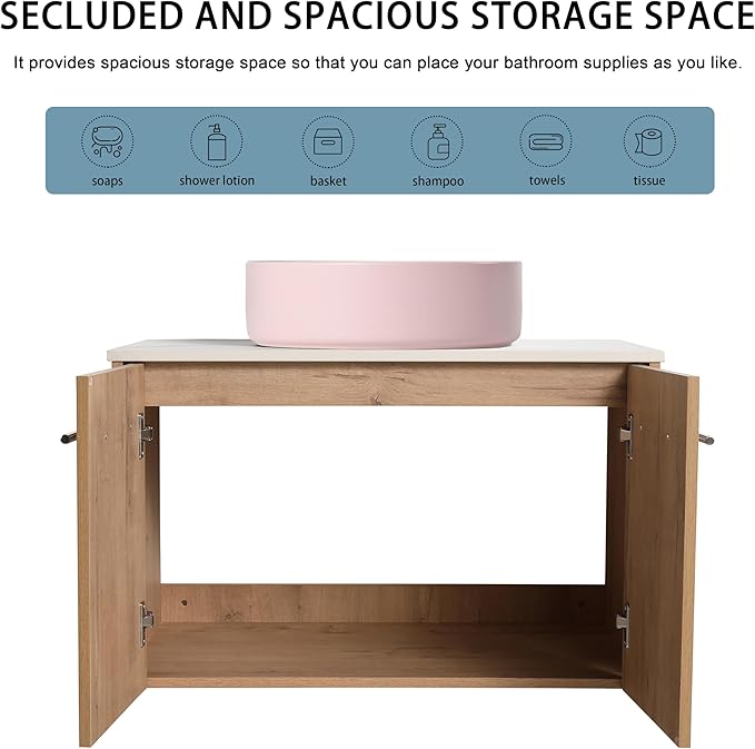 30" Floating Vanity with Sink, 30 Inch Bathroom Vanity with Sink, Modern Plywood Floating Cabinet with Sintered Stone Countertop and Pink Ceramic Basin, Soft Close Doors