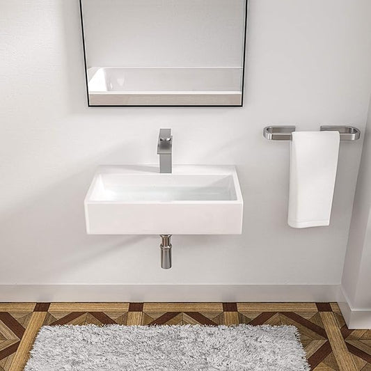 Logmey 20 Inch Wall Mount Bathroom Vessel Sink ADA Rectangle 20"x14" Floating Bathroom Vessel Sink White Porcelain Ceramic Vessel Vanity Sinks Rectangle Art Basin