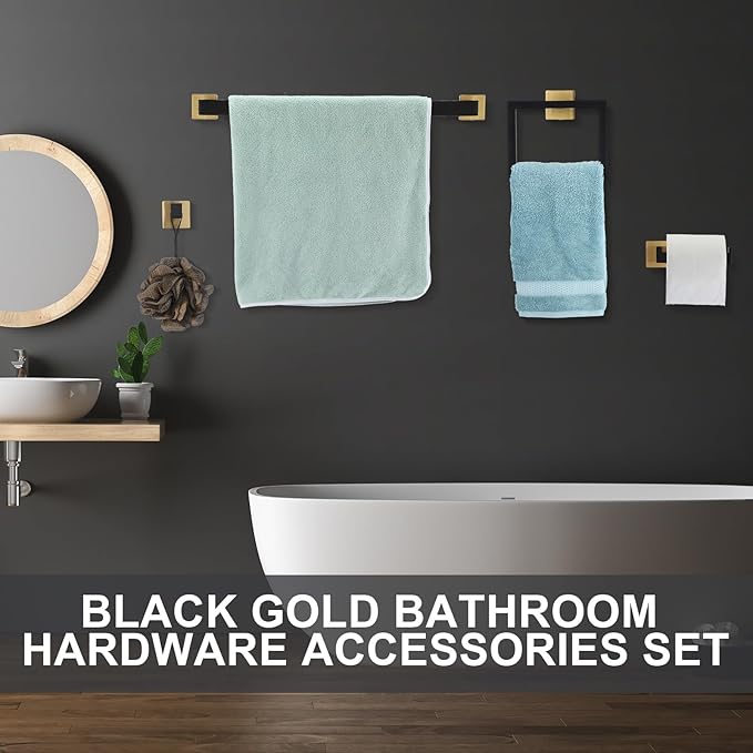 Gisafai 5 Pcs Black Gold Bathroom Hardware Accessories Set 23.6 Inch Bath Towel Bar Kit Stainless Steel Bathroom Hardware Set Towel Racks Ring Robe Hooks Paper Holder for Wall Mounted