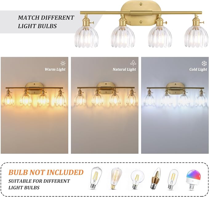 Shenmoyl Bathroom Light Fixtures, 4-Light Brass Vanity wall Light Over Mirror with Clear Tulip Glass Shade for Bedroom Living Room (Bulb Not Included)