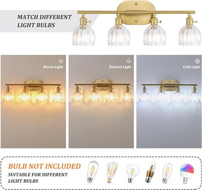 Shenmoyl Bathroom Light Fixtures, 4-Light Brass Vanity wall Light Over Mirror with Clear Tulip Glass Shade for Bedroom Living Room (Bulb Not Included)