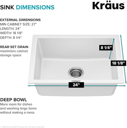 KRAUS Quarza 24-inch Granite Drop-In/Undermount Single Bowl White Kitchen Sink, KGD-410BWHITE
