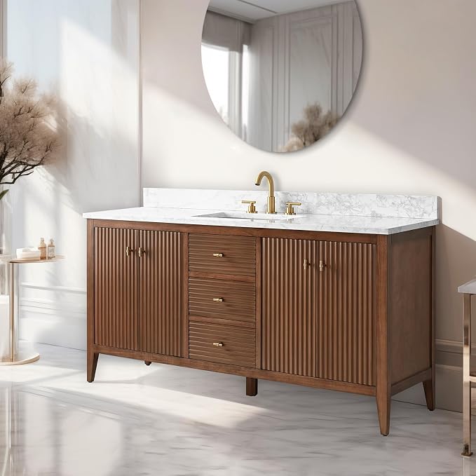 Vanity Art 60 inch Bathroom Vanity with Single Sink & Ceramic Top, Vanity Cabinet with Soft-Closing Door, Solid Wood Frame, Linear Pattern, Walnut, Golden Brushed Handware VA9160-SWalnut-GB