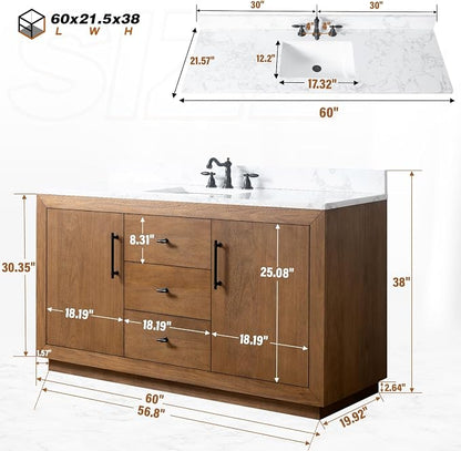 Vanity Art 60 inch Bathroom Vanity with Single Sink, Modern Wood Bath Vanity with Carrara Marble Top, Vanity Cabinet with Doors， Removable Shelf, Solid Wood Frame, Ceramic Sink, Tan, VA7060E