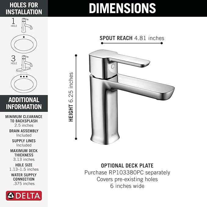 Delta Modern Chrome Bathroom Faucet 1 Hole, Single Hole Bathroom Sink Faucet for Vanity, Push-Pop Drain Assembly, Chrome 581LF-GPM-PP