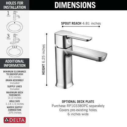 Delta Modern Chrome Bathroom Faucet 1 Hole, Single Hole Bathroom Sink Faucet for Vanity, Push-Pop Drain Assembly, Chrome 581LF-GPM-PP