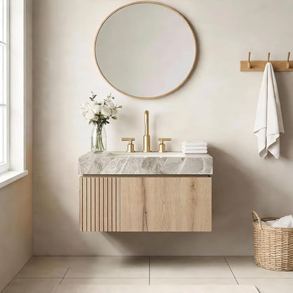 Ambrovina 30" Floating Bathroom Vanity with Sink, Modern Plywood Bathroom Storage Cabinet with Drawer and Door, Gray Sintered Stone Countertop and 3 Pre-drilled Faucet Holes Ceramic Basin, Light Oak