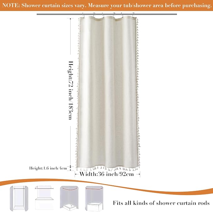 Stall Natural Boho Linen Shower Curtain 36 Inch Rustic Cottagecore Narrow Fabric Shower Curtain Set with Hooks for Bathroom Modern Farmhouse Camper RV Tassel Bath Curtain 36x72, Cream