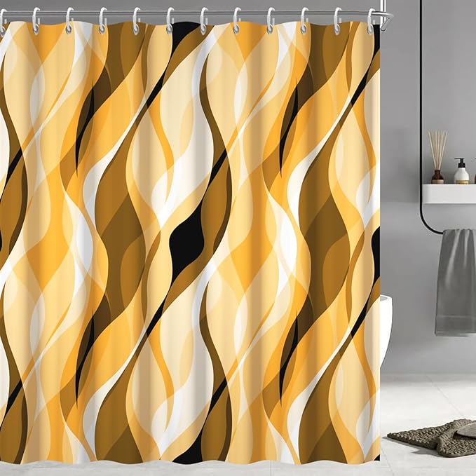 Yellow Shower Curtain, Abstract Ombre Yellow and Grey Striped Shower Curtain Set for Bathroom Waterproof Shower Curtain with Hooks, 72x84 Inch