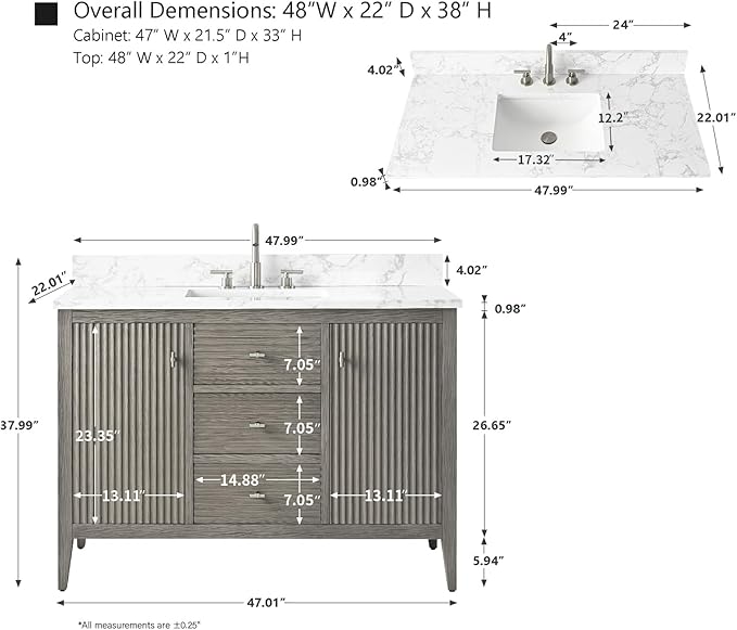 HOMEBEYOND 48" Bathroom Vanity with Sink, Solid Wood Bathroom Vanity Free-Standing Cabinet, Drawers, Ceramic Top & Soft Closing Door, Golden Brushed Handware, Driftwood Gray