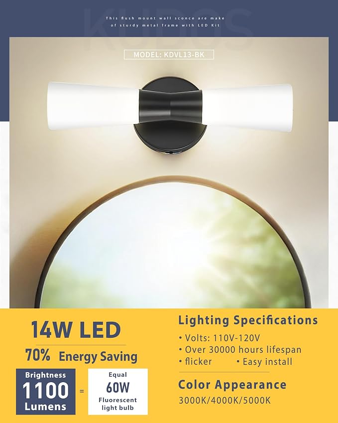 kudos 16 Inch Black Vanity Lights, Milk White Glass, 3CCT, KDVL13-BK | LED, 14W, 1100 Lumens, 3000K, 4000K and 5000K Selectable, Hardwired,for Bathrooms and Bedrooms
