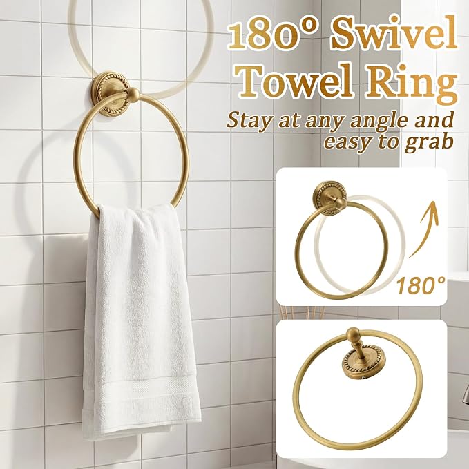 6 Pcs Antique Brass Gold Bathroom Accessories Set 15.7"-26.7" Solid Brass Towel Bar, Towel Ring, Toilet Paper Holder, Robe Hook, Wall Mounted Vintage Bath Hardware Fixture Set