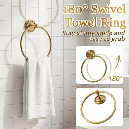 6 Pcs Antique Brass Gold Bathroom Accessories Set 15.7"-26.7" Solid Brass Towel Bar, Towel Ring, Toilet Paper Holder, Robe Hook, Wall Mounted Vintage Bath Hardware Fixture Set
