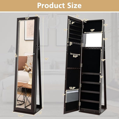 COSTWAY Standing Jewelry Cabinet, Large Capacity Jewelry Organizer w/Full-Length Mirror & Rear Storage Shelves, Lockable Mirror Jewelry Armoire with Keys for Girls Women (Espresso)