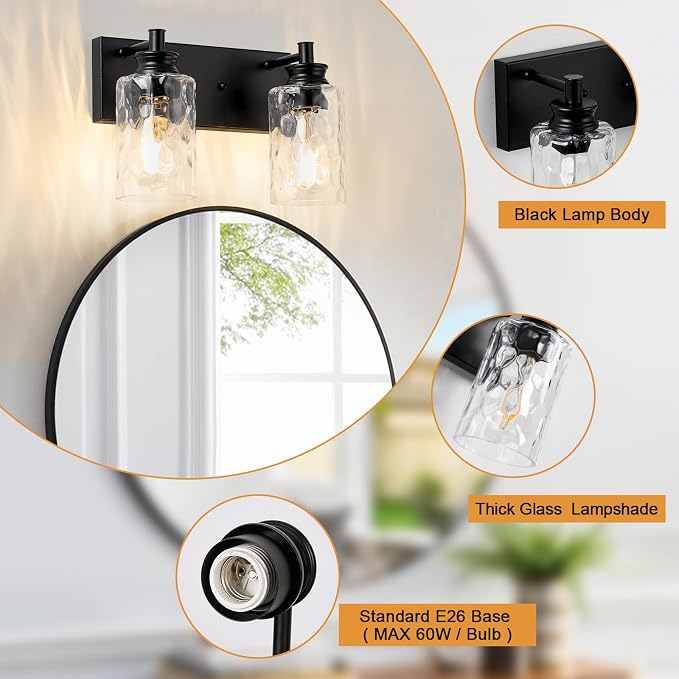 2 Light Bathroom Vanity Light Modern Black Bathroom Light Fixtures Over Mirror with Hammered Glass Lampshade for Kitchen Hallway