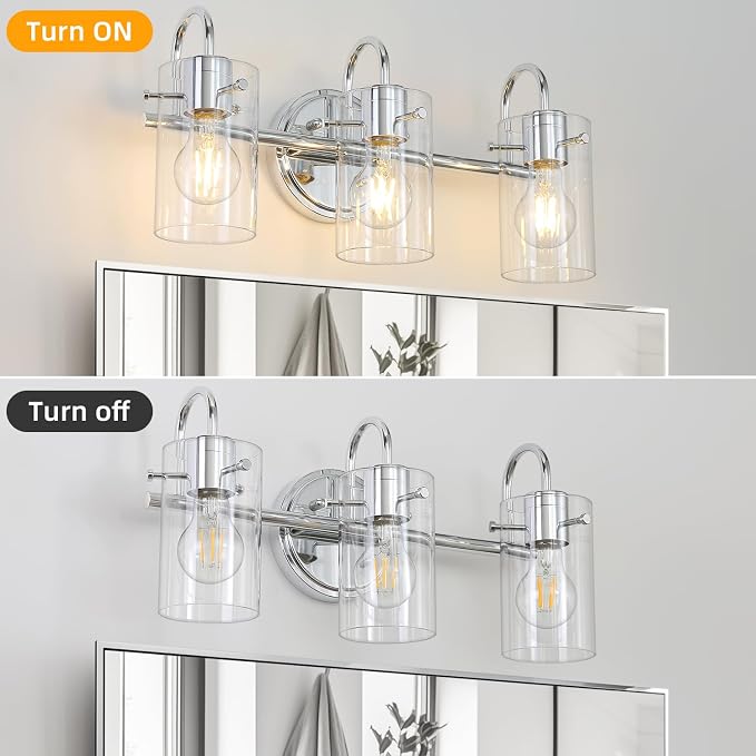 3 Lights Vanity Light, Bathroom Wall Light Fixture Over Mirror | Modern Metal Wall Sconce with Clear Glass Shade, Farmhouse Wall Mount Lamp for Washroom, Bathroom Living Room, Workshop